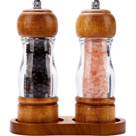 Moulin à Sel et Poivre - Base en Bois - Mécanisme Céramique Réglable - Pour Cuisine et Décoration Rustique - Lot de 2 (1/5)