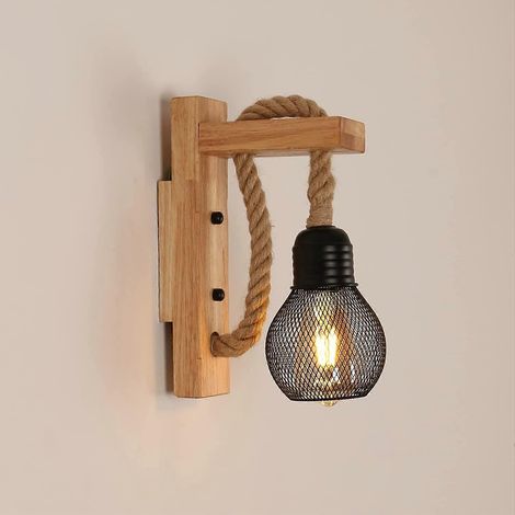 Applique murale industrielle vintage, lampe murale rétro rustique en bois, abat-jour cage en métal noir, suspension murale en corde de chanvre pour chambre, salon (Witho (1/5)