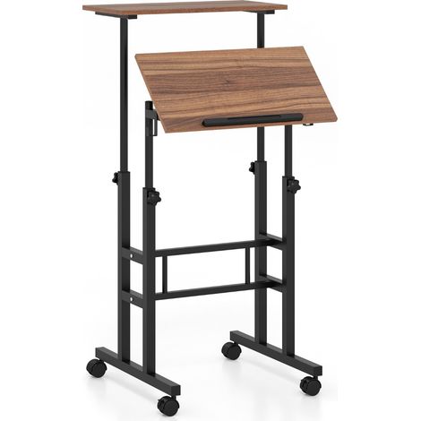Bureau assis-debout réglable sur 2 niveaux 60 x 30 x 72-124 cm ergonomique avec roulettes douces moderne en MDF noyer