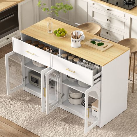 Isla de cocina con iluminación LED y amplia encimera, mueble de cocina independiente con cajones, estantes ajustables y puertas arqueadas transparentes para comedor y cocina (blanco). (1/5)
