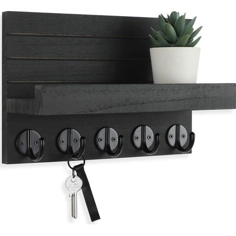 Wall-mounted key holder, decorative key holder and mail holder with shelf (with hooks, black). (1/5)
