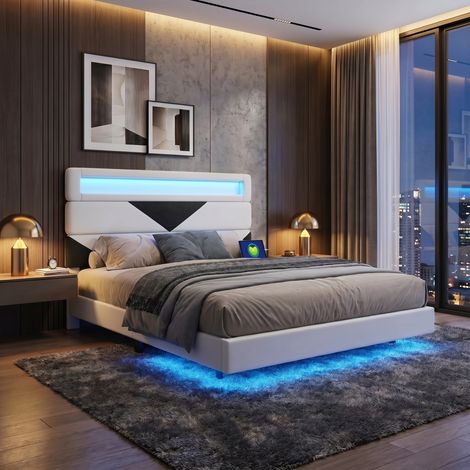 Lit adulte 160x200 cm,lit rembourré avec tête de lit modulable,sommier à lattes,double led & station de charge usb/type-c,velours,beige (1/5)