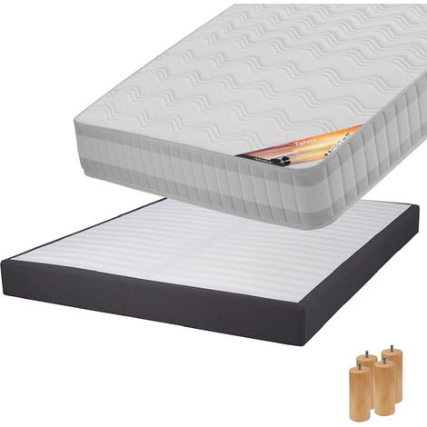 TAHITI - Pack Matelas 140x190 + Sommier Tapissier Démontable 2x20 Lattes Anthracites + Pieds Bois 15cm (1/5)