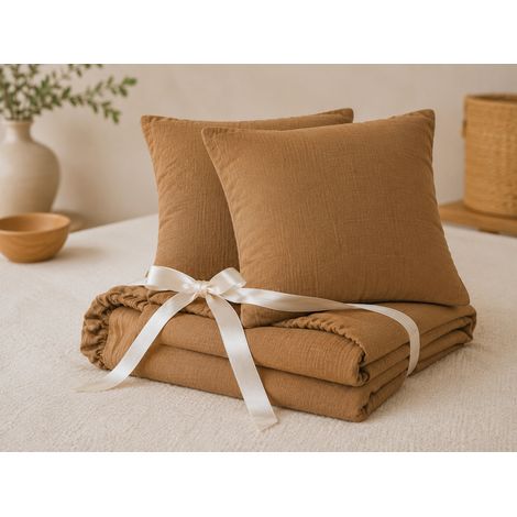 Pack Drap Housse 140 x 190 cm + 2 Taies d’Oreiller 60 x 60 cm Double Gaze de Coton GAÏA Camel