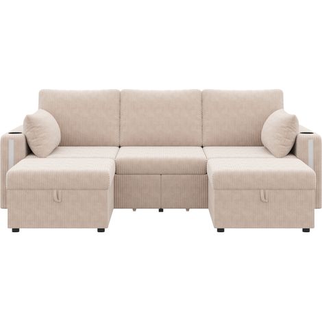 CHICFURN Canapé d'angle modulaire 5-6 places en velours côtelé beige, avec 2 poufs coffre, LED, USB Type-C, porte-gobelet, étagère, tiroirs et 2 coussins inclus (1/5)