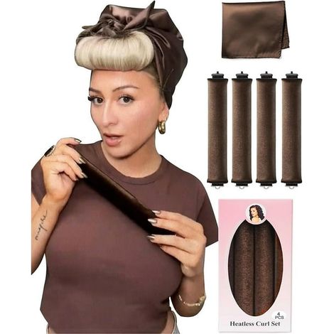 Rouleau de Coiffure Sans Chaleur pour Cheveux Courts, Bigoudis Tissu Marron, Bandeau Torsadé Nocturne pour Boucles Faciles, Tige Large, Look Gonflant au Réveil (1/5)