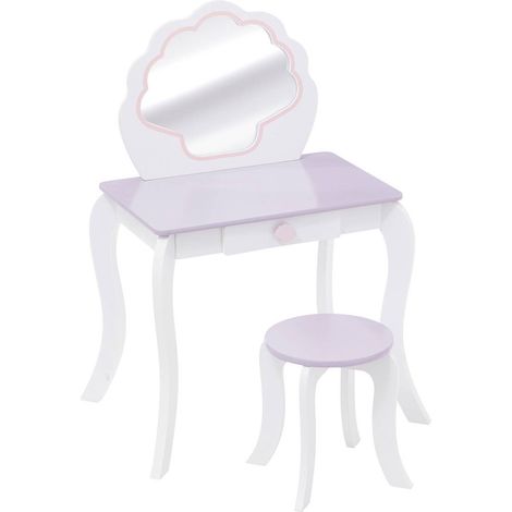 Atmosphera – Coiffeuse enfant sirène blanche avec tabouret et miroir coquillage – Dimensions 70,5x50,5x95 cm – Panneau de fibres de bois