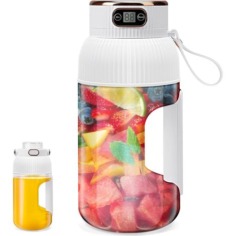 Tragbarer Entsafter, 1,2 l, 10 Klingen, 2600 mAh Akku, rutschfester Griff, Digitalanzeige, für Fruchtsäfte, Milchshakes und Smoothies (weiß)