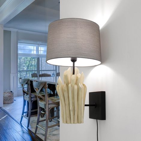 Wandlampe E27 Grau Natur Stoff Holz Modern Wandleuchte (1/5)