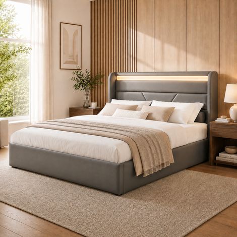 MEUBLIV Lit coffre hydraulique avec éclairage LED et télécommande lit double en PU gris 160 x 200 cm sommier à lattes relevable avec grand espace de rangement (1/5)