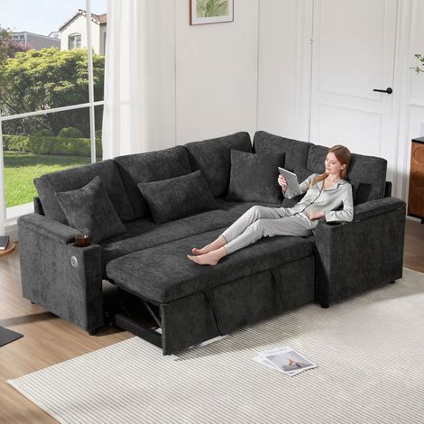 Canapé Convertible 288cm avec Grand Coffre de Rangement - Canapé-Lit - 4 Places, Tissu Chenille Gris, Ports USB et 4 Coussins Inclus (1/5)