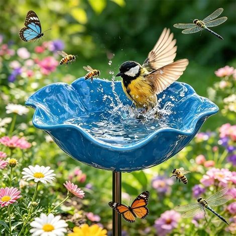 Abreuvoir à oiseaux en métal à motif floral, piquet de jardin artisanal, résistant à l'hiver, pour oiseaux et insectes, abreuvoir à abeilles pour jardin et terrasse, bleu, 1 pièce (1/5)