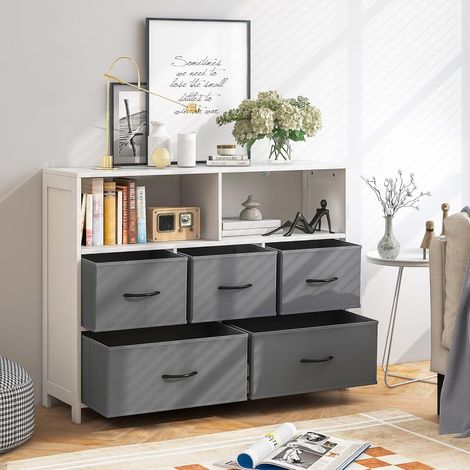 GOPLUS Commode en Tissu à 5 Tiroirs Amovibles-Commode de Rangement avec 2 Compartiments Ouverts-Cadre en Bois Robuste (1/5)