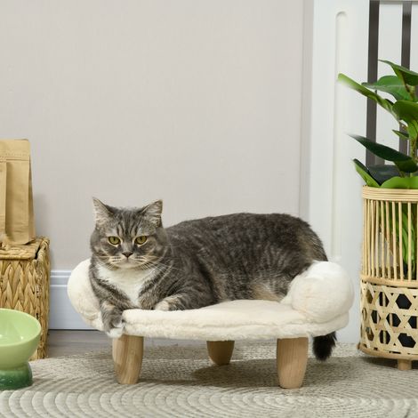 Couverture moelleuse pour chien et chat, canapé surélevé en flanelle crème 47x40x20cm, avec pieds en bois, design confortable pour animaux de compagnie