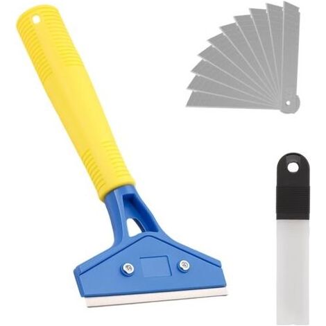 Grattoir Vitre avec 10 Lames, Grattoir Peinture avec Manche Long de 23cm, Lames en Acier au Carbone 100mm, Grattoir Plancha Inox pour Carrelage, Papier Peint, Colle, Miroir, et Table de Cuisson (1/5)