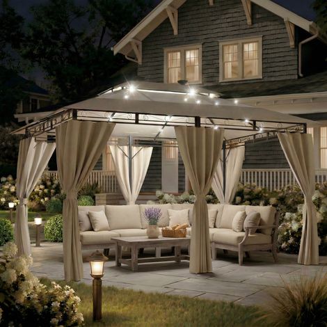 Devoko – Tonnelle de jardin 3x4m imperméable avec lumière LED – Cadre en acier renforcé – Protection UV50+ – Pour 6-8 personnes – Beige (1/5)