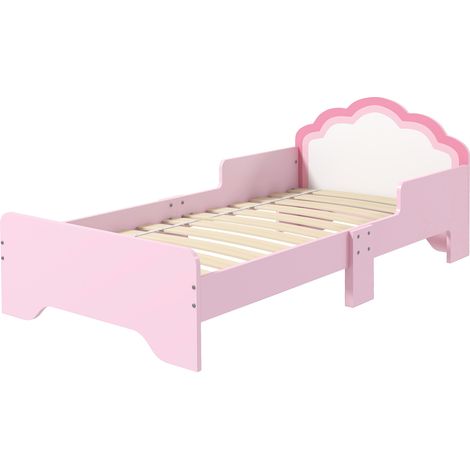Cama infantil 70x140 cm con barrera anticaídas, somier y cabecero en forma de nube rosa