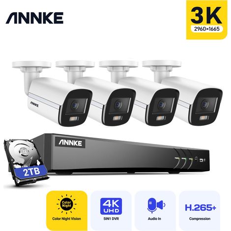 ANNKE Kit de cámara de videovigilancia Exterior Cable 8 canales DVR, 4 Cámaras 5MP, Visión Nocturna Color,Micrófono Incorporado,Acceso Remoto 2TB (1/5)