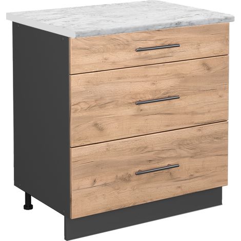 Mueble bajo de cocina Fame-Line, Roble dorado, 80 cm con 3 cajones, ET Mármol, Vicco (1/5)