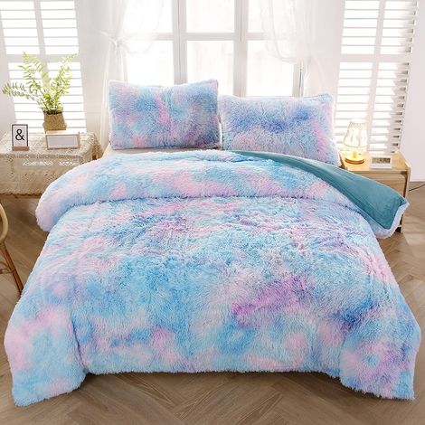 Parure de lit en Peluche à Poils Longs Teints par nœuds pour Filles, Parure de lit en Peluche à Poils Longs pour décoration de Chambre à Coucher (1 Housse de Couette, 2 taies d'oreiller) (1/5)