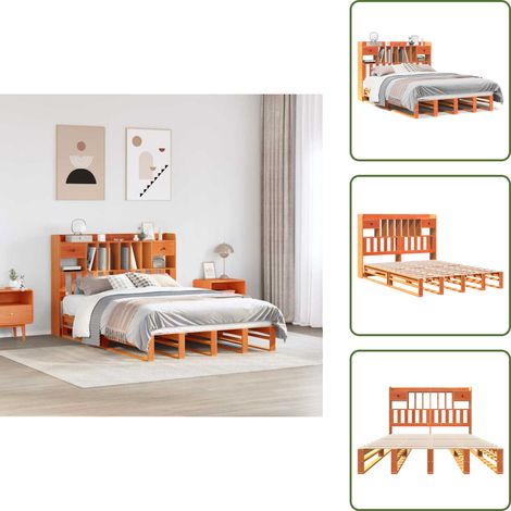 Massivholzbett mit Regal ohne Matratze Wachsbraun 150x200 cm - Bett Mit Regal - Bett Mit Bücherregal - Holzbett Mit Regal - Holzbett Mit Bücherregal (1/5)