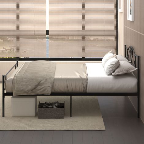 Estructura de cama doble de acero de 160x200cm con somier de láminas integrado, cabecero y piecero, espacio de almacenamiento inferior, color negro. (1/5)