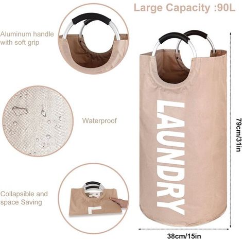 Cesto de ropa plegable，capacidad de 90 litros，recolector de ropa con asa，cesto de ropa de tela Oxford，bolsa de ropa impermeable，Gris oscuro (1/5)
