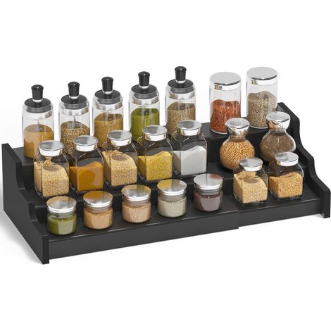 Étagère à épices extensible en bambou à 3 niveaux – Organiseur d'assaisonnement pour armoire, garde-manger, comptoir, étagère de cuisine, noir (1/5)