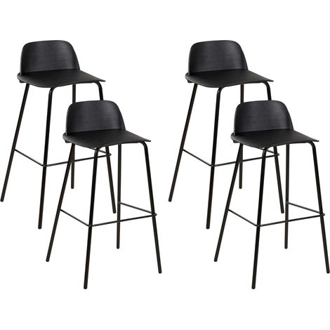 Set di 4 sgabelli da bar moderni in plastica nera sintetica e gambe in metallo Mora
