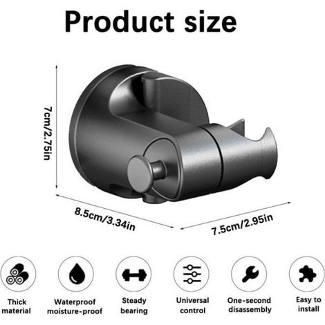 Support Pommeau Douche - Ventouse Sans Perçage - Angle Pivotant 80° - Pour Salle De Bain - Noir (1/5)