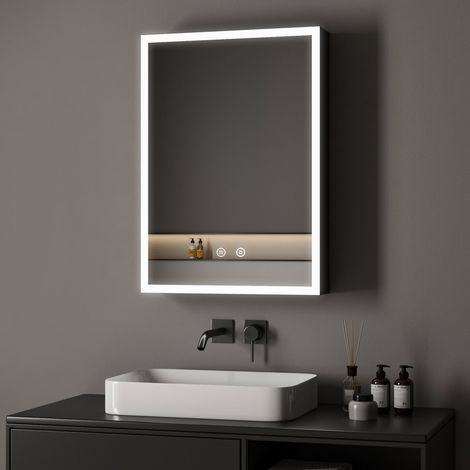 40 x 60 cm Spiegelschrank Bad mit Beleuchtung LED Spiegelschrank mit Beleuchtung Badspiegel Schwarz mit Beleuchtung Badschrank Hängeschränke mit 3 Einstellbare Lichtfarben Beschlagfrei, Schwarz