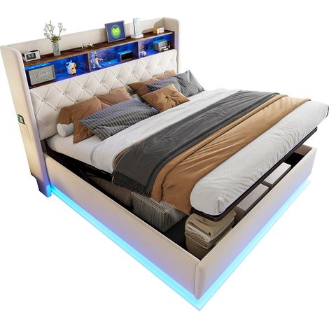 Lit coffre LED 180x200 cm en tissu effet lin beige, cadre métal, sommier à lattes, avec USB et rangement hydraulique (1/5)