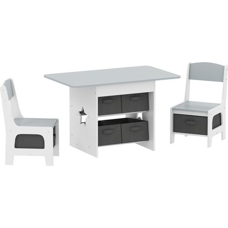 Set Tavolo e Sedie per Bambini 3-8 Anni con 6 Cassetti e Bordi Arrotondati in Legno e Tessuto Grigio e Bianco