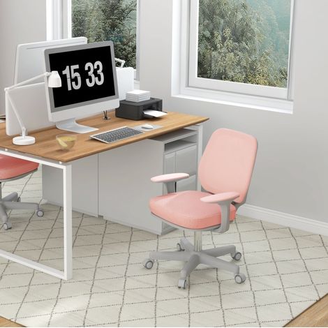 Sedia ufficio ergonomica in poliestere rosa, schienale in rete, supporto lombare, altezza regolabile, 55 x 48 x 82,5-94,5 cm (1/5)
