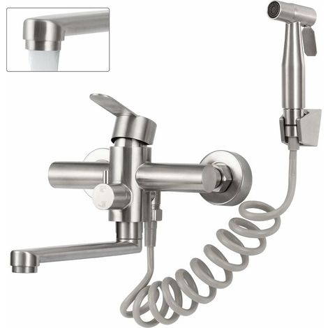 Robinet de cuisine mural, robinet de cuisine mural avec douchette, mitigeur pivotant à 360°, flexible rotatif de 23 cm, acier inoxydable