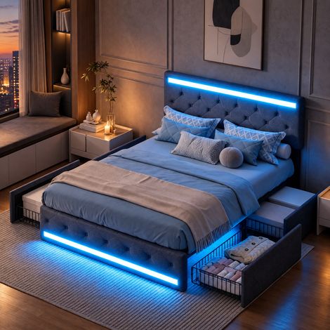 JOOKGBD-Polsterbett 180x200 cm mit LED und USB,Doppelbett mit 4 Schubladen,Boxspringbett mit Stauraum und Lattenrost,Jugendbett Rückenlehne Bettgestell,Ohne Matratze,Leinen,Dunkelgrau
