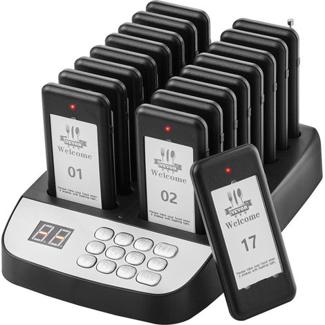 Système de Téléavertisseur sans Fil 16 Bipeurs Restaurant File d'Attente Portée 500 m Vibration Clignotant Noir (1/5)
