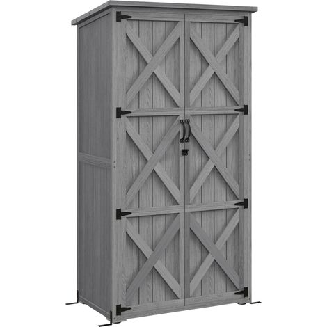 Armoire de jardin sur pied, rangement extérieur en bois massif gris, 2 étagères, toit pentu bitumé, 90x54,5x168,5cm (1/5)