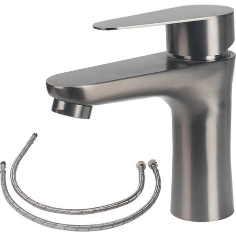 Robinet mitigeur de lavabo en acier inoxydable 304, robinet de salle de bain avec flexible, robinet d'évier avec accessoires d'installation, savon pour les mains eau chaude et froide (gris)-ARCAN (1/5)