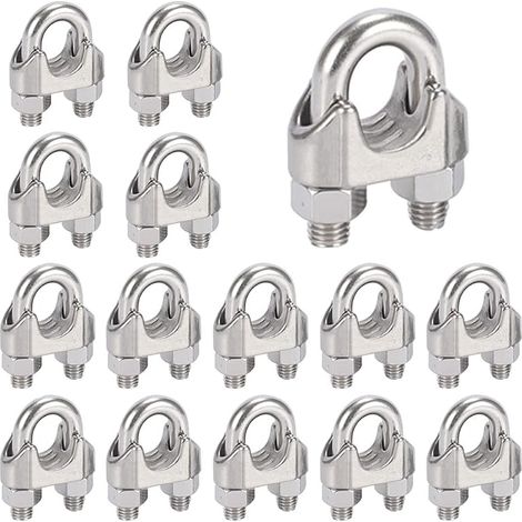 16 Pièces Serre Cable Acier M6,Serre Cable Inox 304 U Boulon Clip de Câble Métalliques,Pour Câble Métallique en Acier de 6 mm,Corde (1/5)