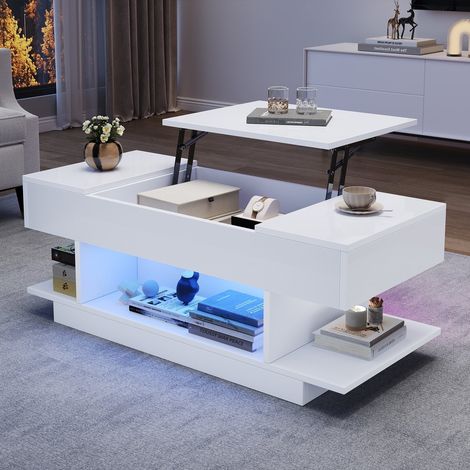 Tavolino da salotto sollevabile 98x45x40 cm con illuminazione LED, 2 ante e ripiano laccato bianco, spazio di archiviazione multifunzionale (1/4)