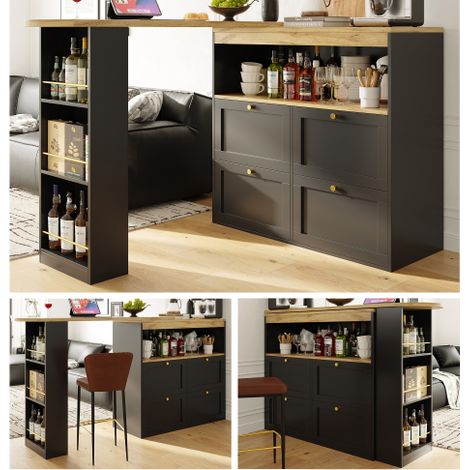 Table de bar pivotante à 360° , avec 4 tiroirs et étagères ouvertes, convient pour salle à manger/bureau/salon etc.