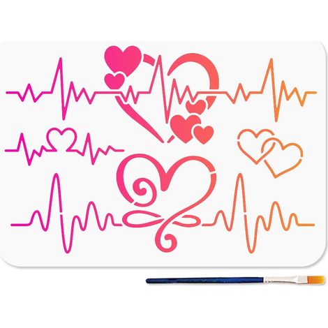 Pochoir de Cœur D'Amour 29.7×21cm Pochoirs pour Peinture de Battement de Cœur Modèle de D'Électrocardiogramme avec Pinceau pour la Saint Valentin Décoration Murale en Tissu pour Meubles (1/5)