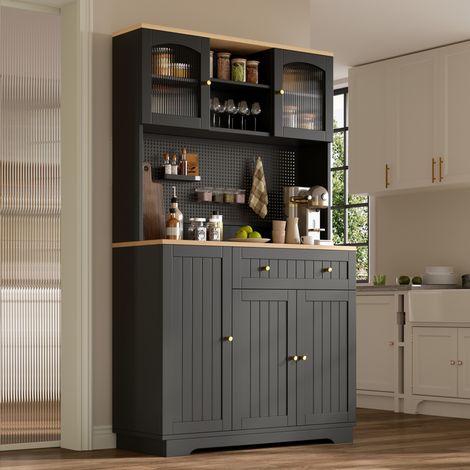 Credenza alta da cucina nera con anta, ripiani regolabili, pannello forato, 103,5 x 40 x 180 cm (1/5)
