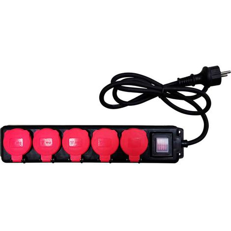 Multiprise, 5 Prises, Schuko 2p+t, Avec Clapet, 16 A 250 V, Ip44, 1,4 M Câble, Avec Interrupteur, Noire Et Rouge, Blister