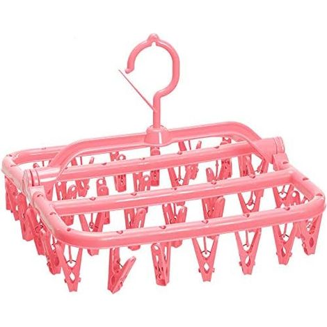 Séchoir à linge pliable et portable avec 32 pinces pour vêtements, sous-vêtements et chaussettes (rose) (1/5)