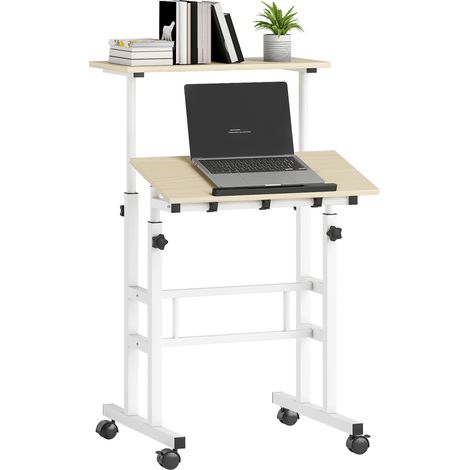 Bureau assis debout - HOMCOM - réglable en hauteur - 60 x 60 cm - à roulettes - avec plateau inclinable - cadre en métal - naturel