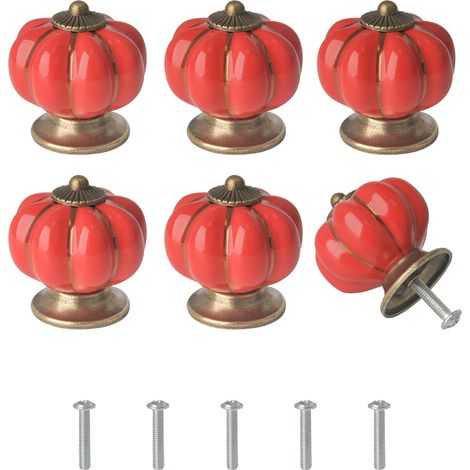 (6 pièces) Poignée Meuble en forme de citrouille rouge Poignée Vintage Ronde pour Tiroirs 38 mm avec vis, pour commode, armoire, tiroir, meuble (1/4)