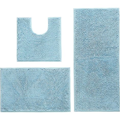 Lot de 3 tapis de bain antidérapants, en microfibre douce, haute densité absorbant l'eau, lavables en machine, tapis de salle de bain (bleu clair) (1/5)