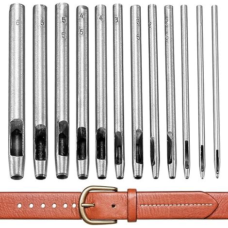 Set de 12 outils de perforation, lot de poinçons, emporte-pièces, ensemble de poinçons ronds creux en acier inoxydable pour bracelet de montre en cuir, tissu, toile, ceinture (argent, 0,5-6 mm) (1/5)